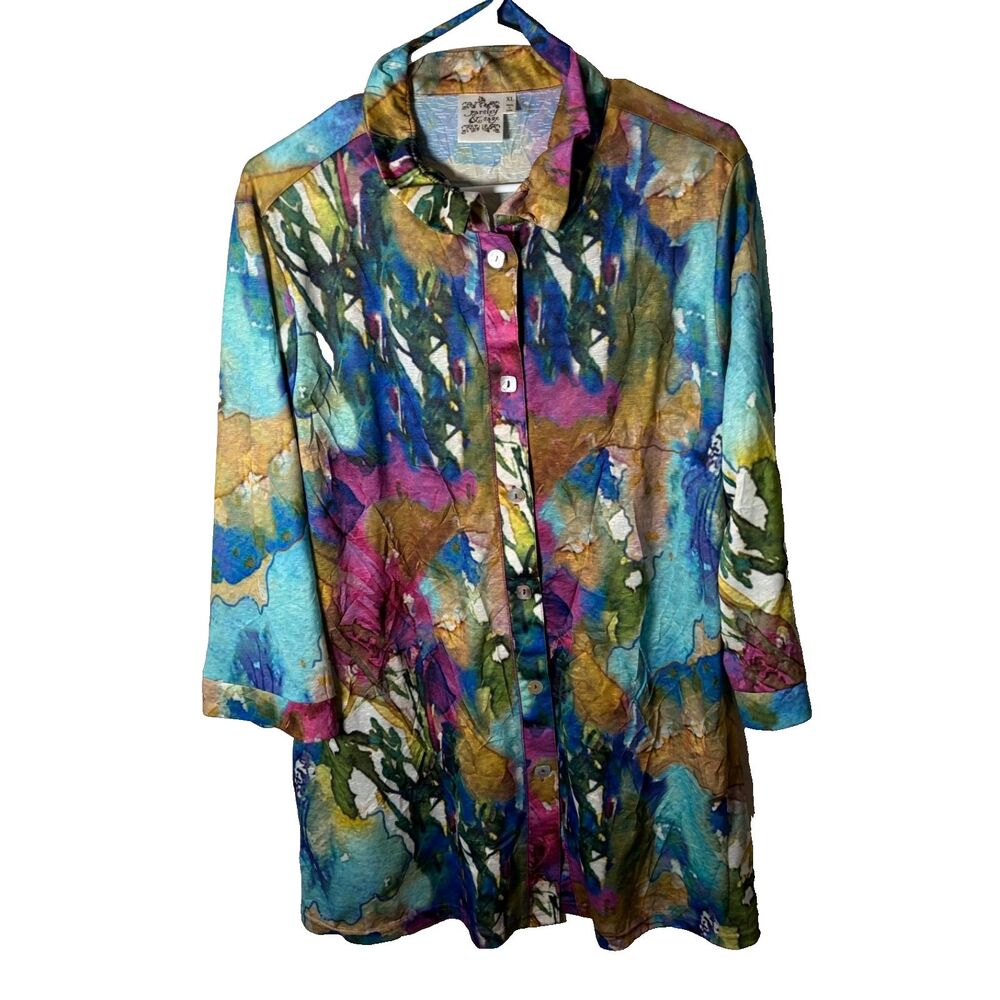 Parsley & Sage Tunic Top Women's XL Colorful Button Up Artsy Collared Shirt